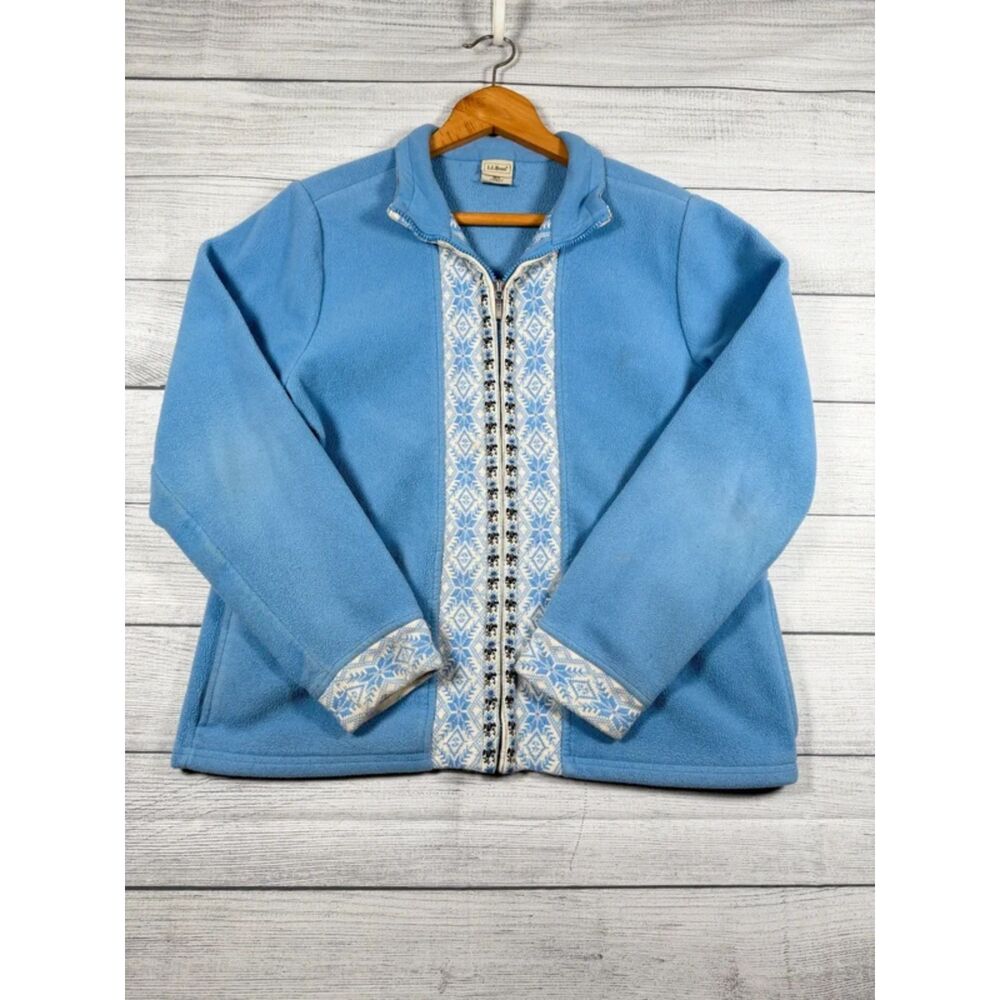 Vintage LL Bean Womens Large Blue Nordic Fair Isle Full Zip Fleece Jacket 4104